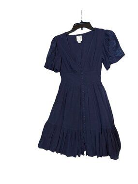 Blue Rain XXS Navy Button Front Boho Dress With Puff Sleeves & Floral Embroidery